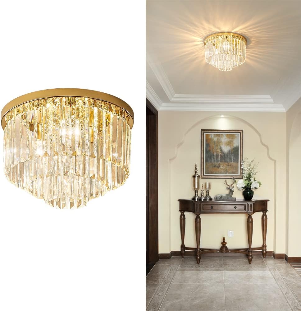 Modern French Gold Crystal Chandelier Ceiling Light,16" Semi Flush Mount 5-Lights 3-Tier Crystal Round Chandelier