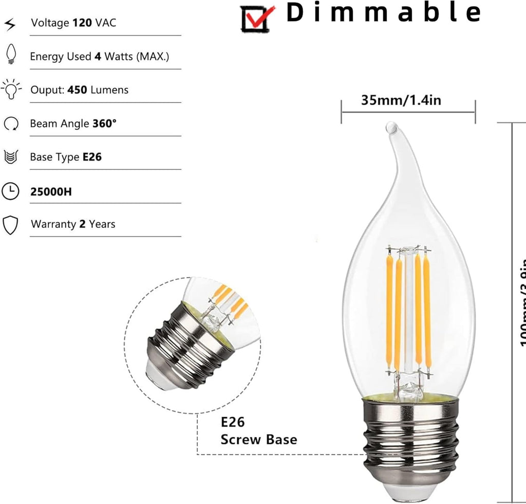 Flame Shape LED Chandelier - 4 Watt Equivalent 40W LED Candelabra Bulbs, Warm White 450LM, Dimmable - E26 Base, 6 Pack