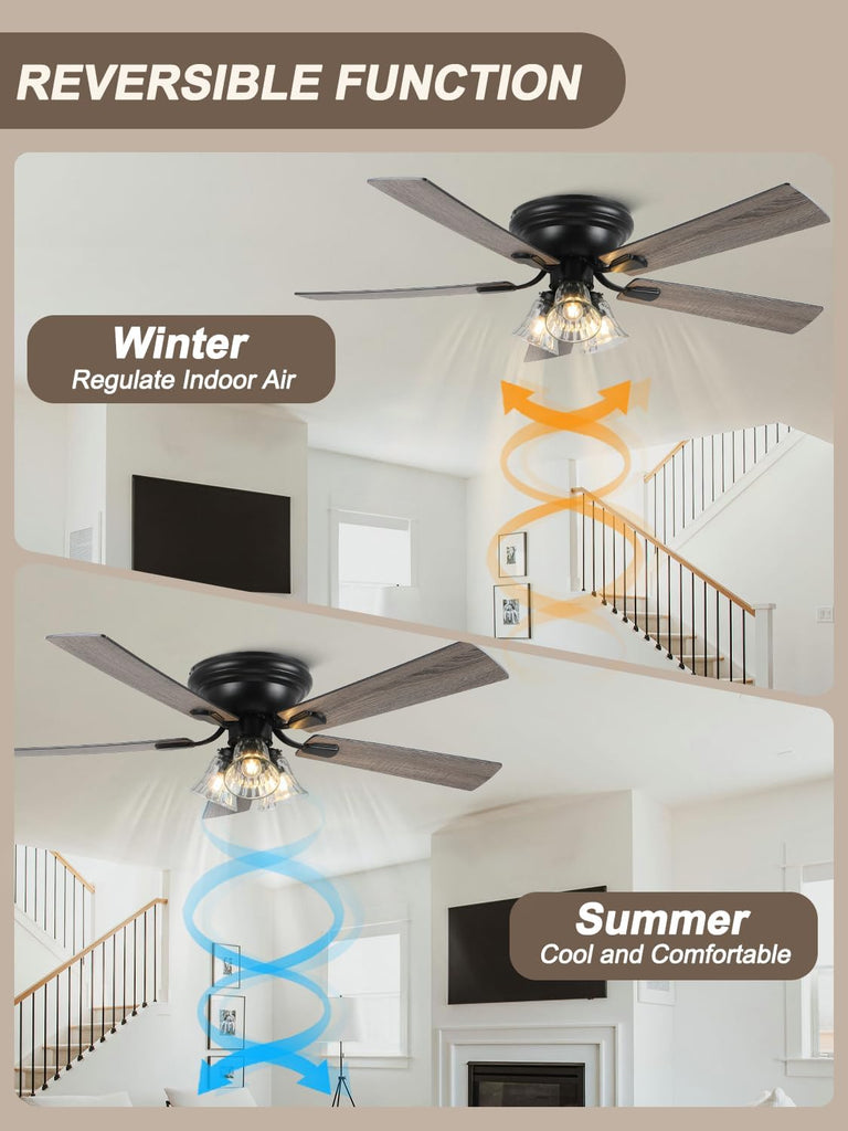 52 Inch Flush Mount Farmhouse Ceiling Fans with Lights and Remote Control
