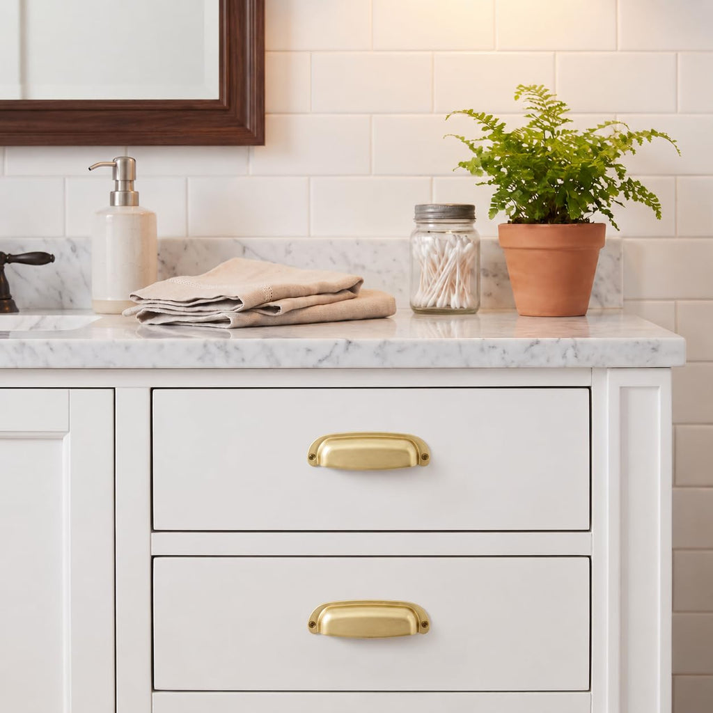 10 Pack 3-3/4"(96mm) Hole Center Retro Brushed Gold Drawer Pulls Satin Gold Cabinet Bin Cup Pulls Bathroom Hardware