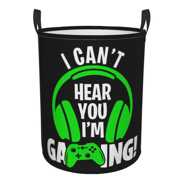 Headphones And Gamepad Round Laundry Hamper Storage Basket Toys Clothes Organizer Bin Bathroom Bedroom Dorm Nursery