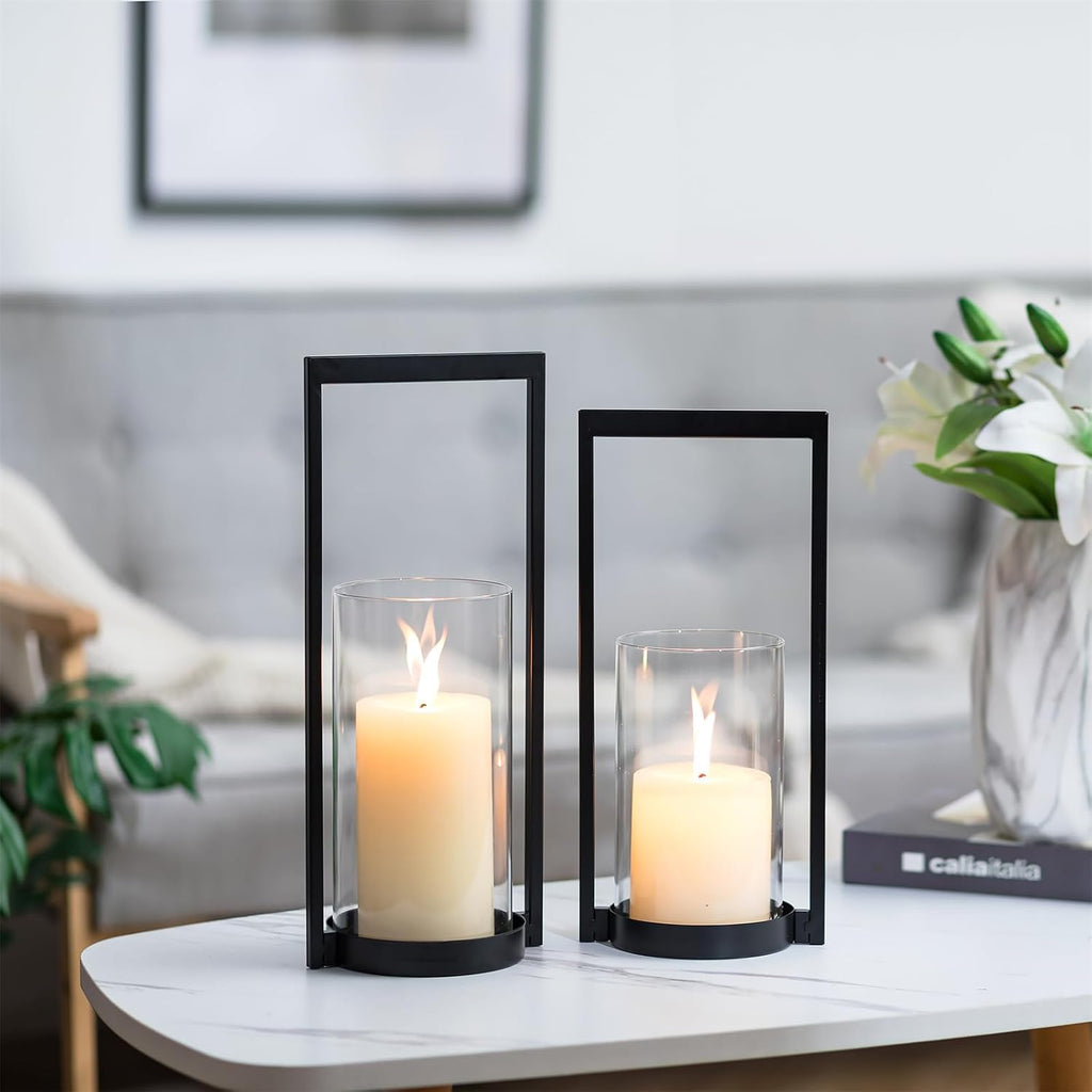 Hurricane Candle Holder for Pillar: Black Modern Candle Holders for Table Centerpiece - Geometric Candle Stand Set of