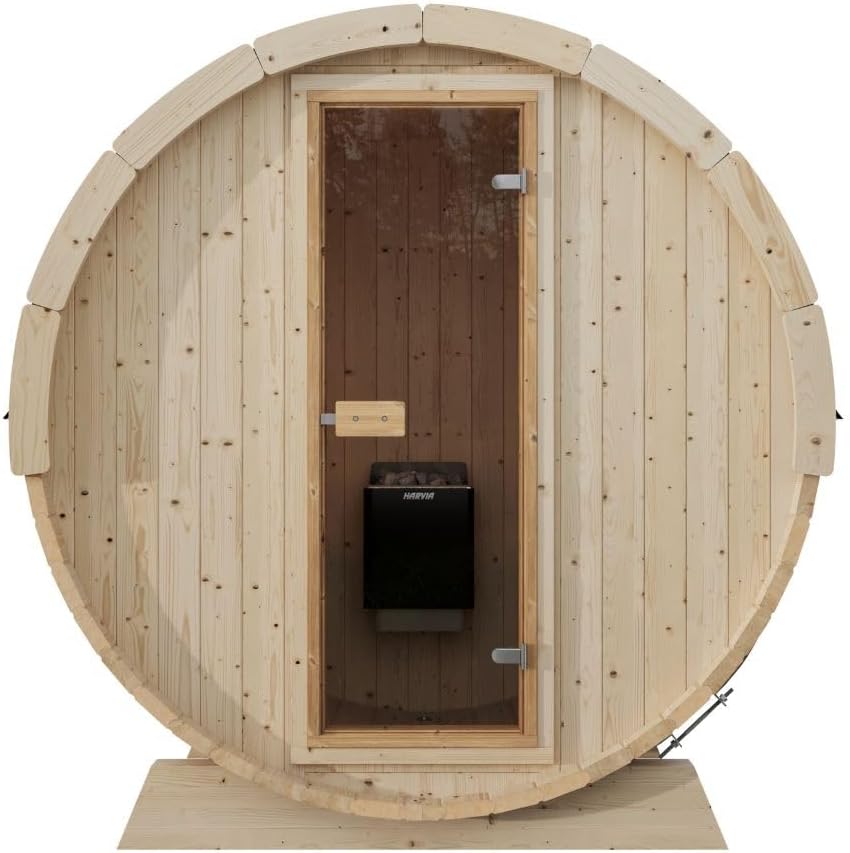 2-Person Outdoor Barrel Sauna with Shingles, Lighting, & 6kW Harvia Sauna Heater, 81x59