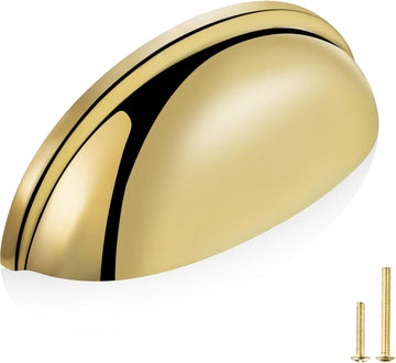 5-Pack Unlacquered Brass Cabinet Cup Pulls, Gold Bin Cup Drawer Dresser Handles, 3-Inch Hole Center, Kitchen Cupboard