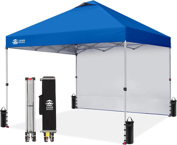 10x10 Pop Up Canopy with 1 Side Wall - Beach Tent with One Push Setup - Blue