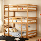 Triple Twin Bunk Bed, Solid Rubberwood 3-Tier Bed with 2 Ladders & Guardrails