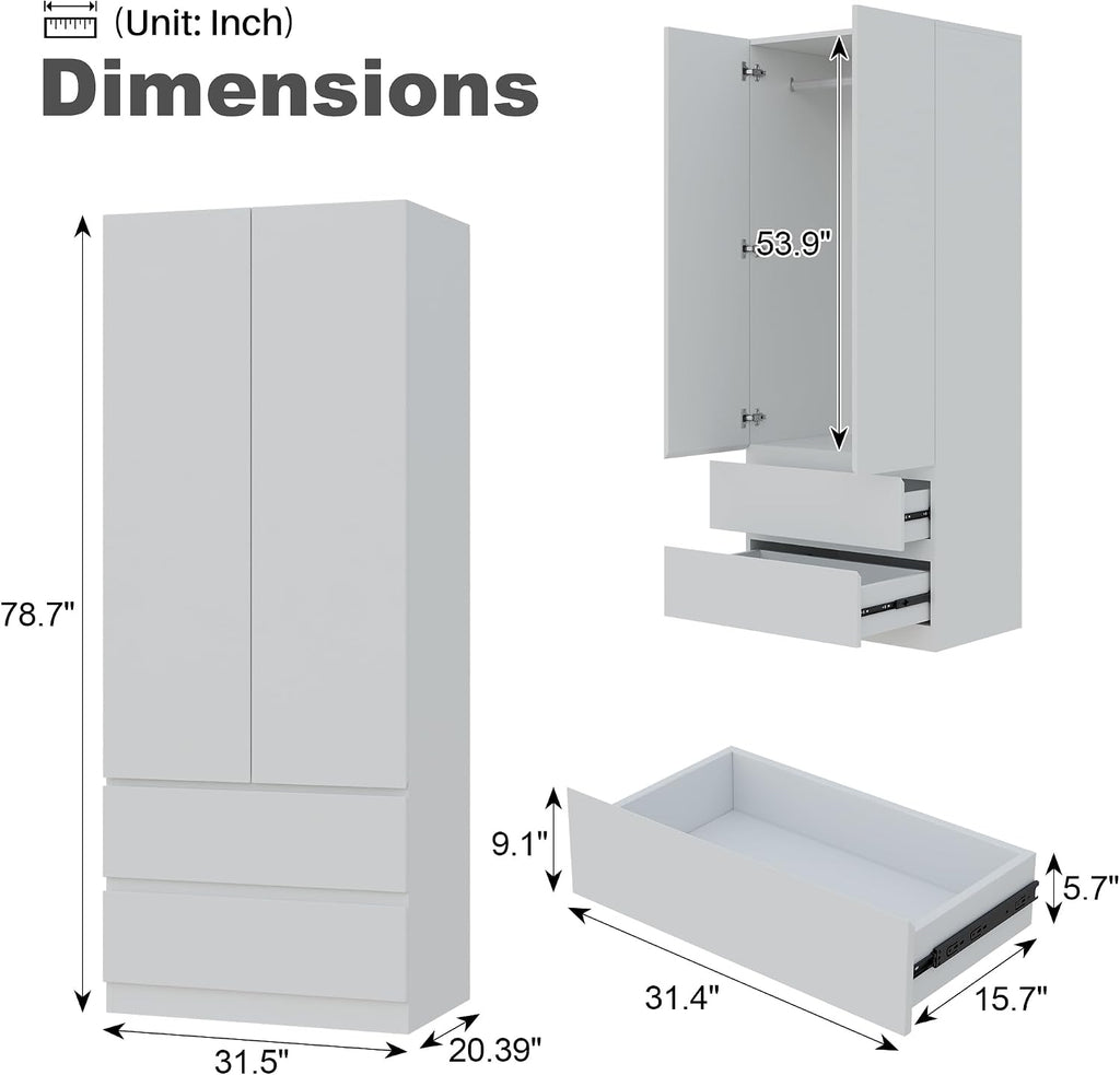 White Armoire Wardrobe Closet with Large Capacity, 78.74" Tall Bedroom Armoire, Wooden Wardrobe Cabinet with 2