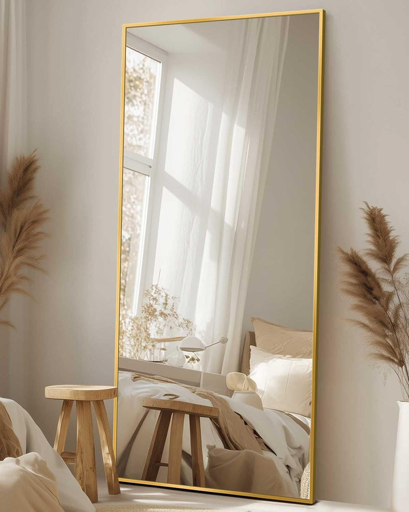 Full Length Mirror, 58"x21" Floor Mirror with Stand, Hanging Mounted Mirrors , Cloakroom, Dining Room, Gold, Rect