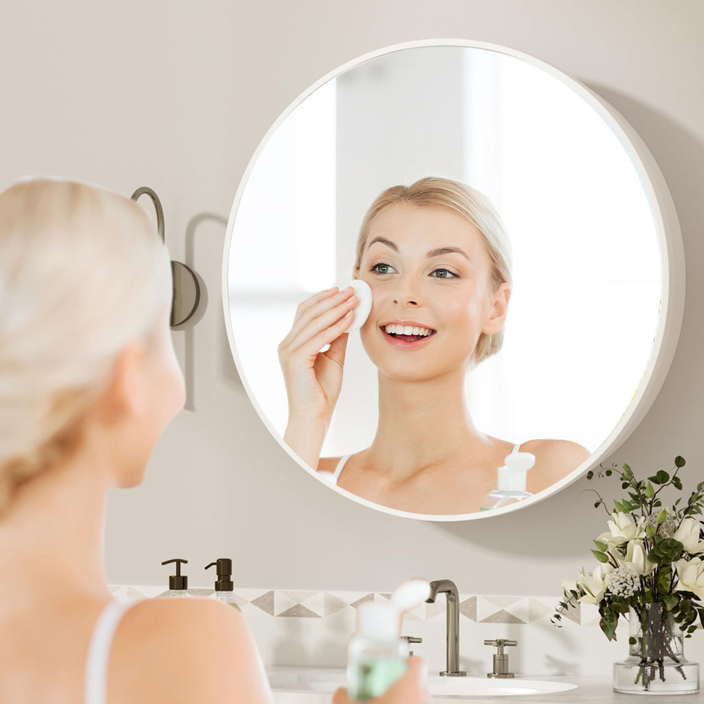 30 x 30 Inch Round White Mirror Medicine Cabinet Surface Mounted, Circular Modern Bathroom Medicine Cabinet with