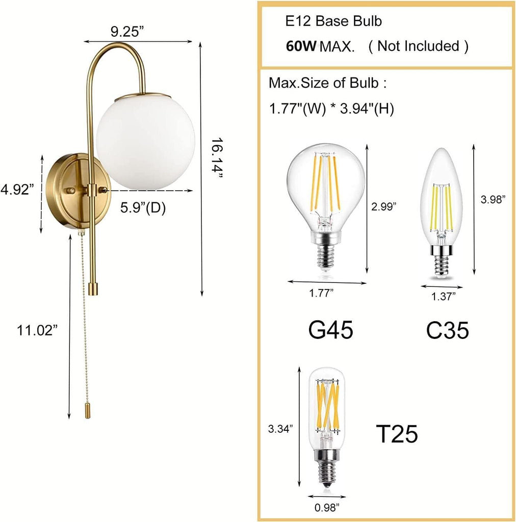 Modern Gold Wall Sconce Milk White Globe Wall Light Fixtures with Pull Chain Switch for Bedroom Bathroom Balcony