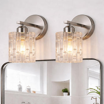 2-Pack Nickel Crystal Bathroom Vanity Lights, 1-Light Wall Sconce Fixture for Over Mirror, Modern Wall Mount
