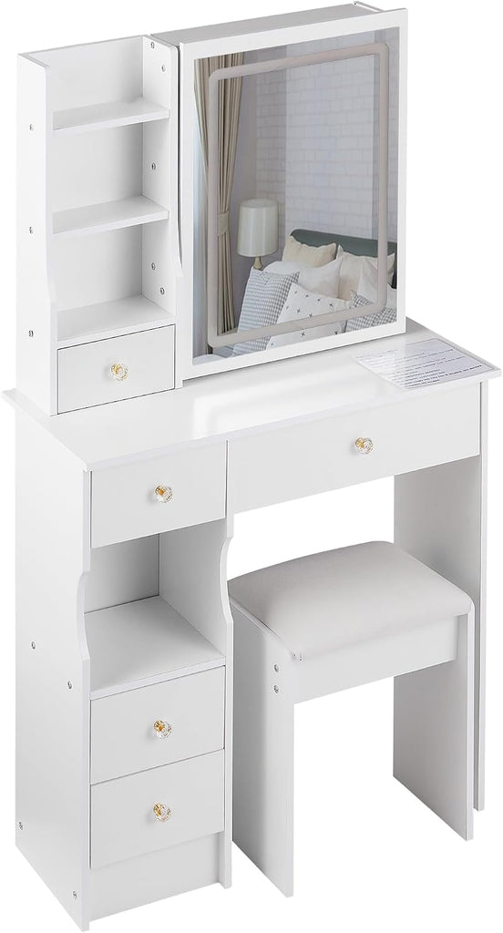 Vanity Desk with Lighted Mirror, 29.2" Makeup Vanity Table with Storage Drawers and Cushioned Stool, Compact Dressing