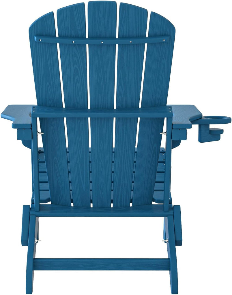 Folding Adirondack Chair with Cup Holder, HDPE All-Weather, Navy | SGS Tested, Faux Wooden Textured, Heavy