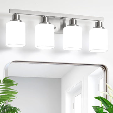 4-Light Bathroom Vanity Light,Brushed Nickel Vanity Lights with Square Frosted Glass,Modern Bathroom Wall Lights