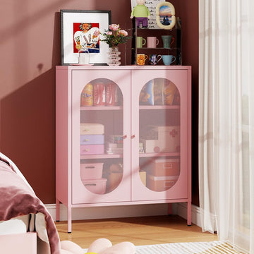 2 Mesh Door Accent Cabinet, Storage Cabinet with Doors and Shelves, Locker Sideboard Buffet Cabinet, Kitchen