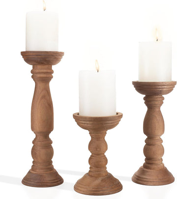 Farmhouse Wooden Candle Holders for Pillar Candles Set of 3, Rustic Wood Candle Holder Table Centerpiece Decor, 12''