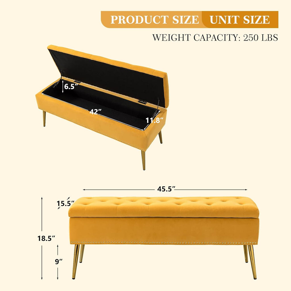 Modern Velvet Storage Ottoman Bench with Gold Base & Nailhead Trim, Upholstered Bedroom Bench for End of Bed