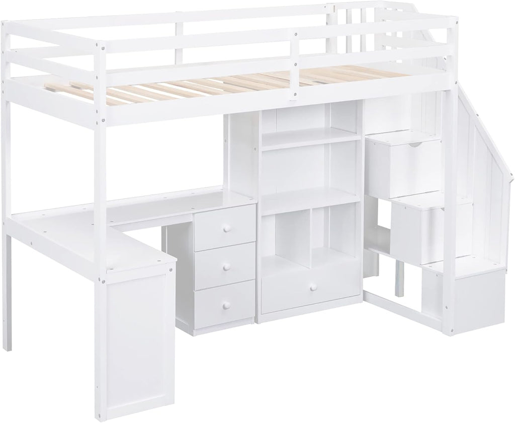 Twin Loft Bed with L Shaped Desk, Storage Drawers and Bookcase