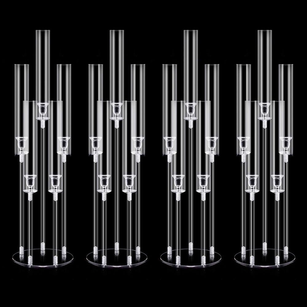4Pcs Acrylic Candelabra Centerpieces 25.5" Tall Crystal Taper Candlestick with Shade Fit 0.87'' Led Candle