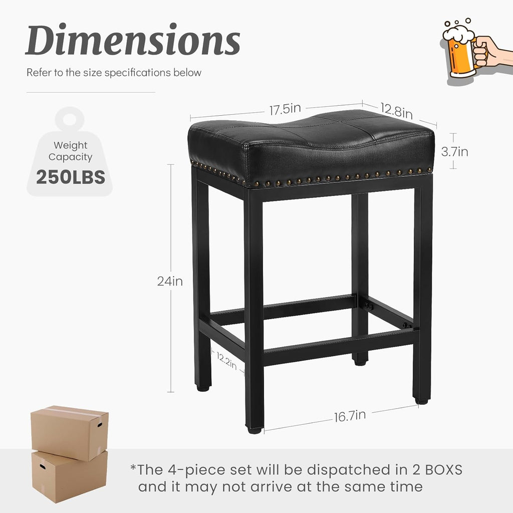 Saddle Bar Stools Set of 4, 24 Inch Counter Height Stools with Curved PU Leather Surface, 3.7" Thick Upholstery Bar