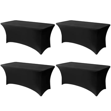 6FT Black Table Cloth - 4 Pack Fitted Stretch Rectangle Spandex Tablecloth, Washable Table Cover for Party, Picnic
