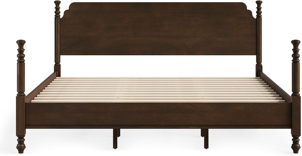 Solid Wood Spindle Post Bed Frame King with Headboard, Traditional Wooden Platform Bed, 13 Wood Slat Support, No Box