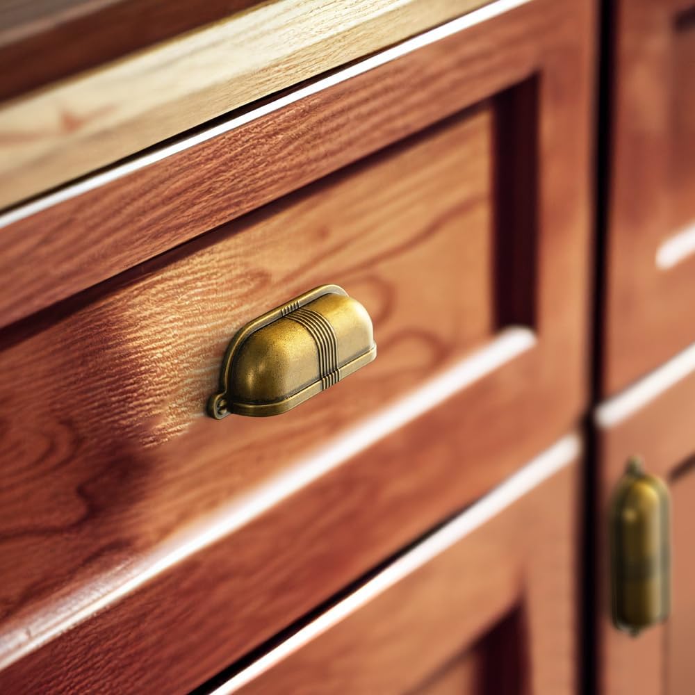 6 Pack 2 1/2 Inch Antique Brass Cup Pulls with Textured Strap Design, Elegant Vintage Bin Handles & Furniture