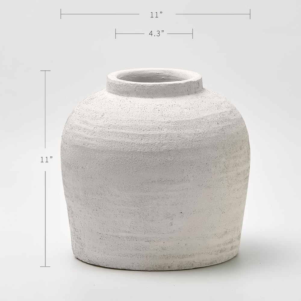 White Ceramic Large Vase, 11" Tall Zen Style, Terra Cotta Pitcher, Distressed Farmhouse Decor, Pottery Decorative Flower