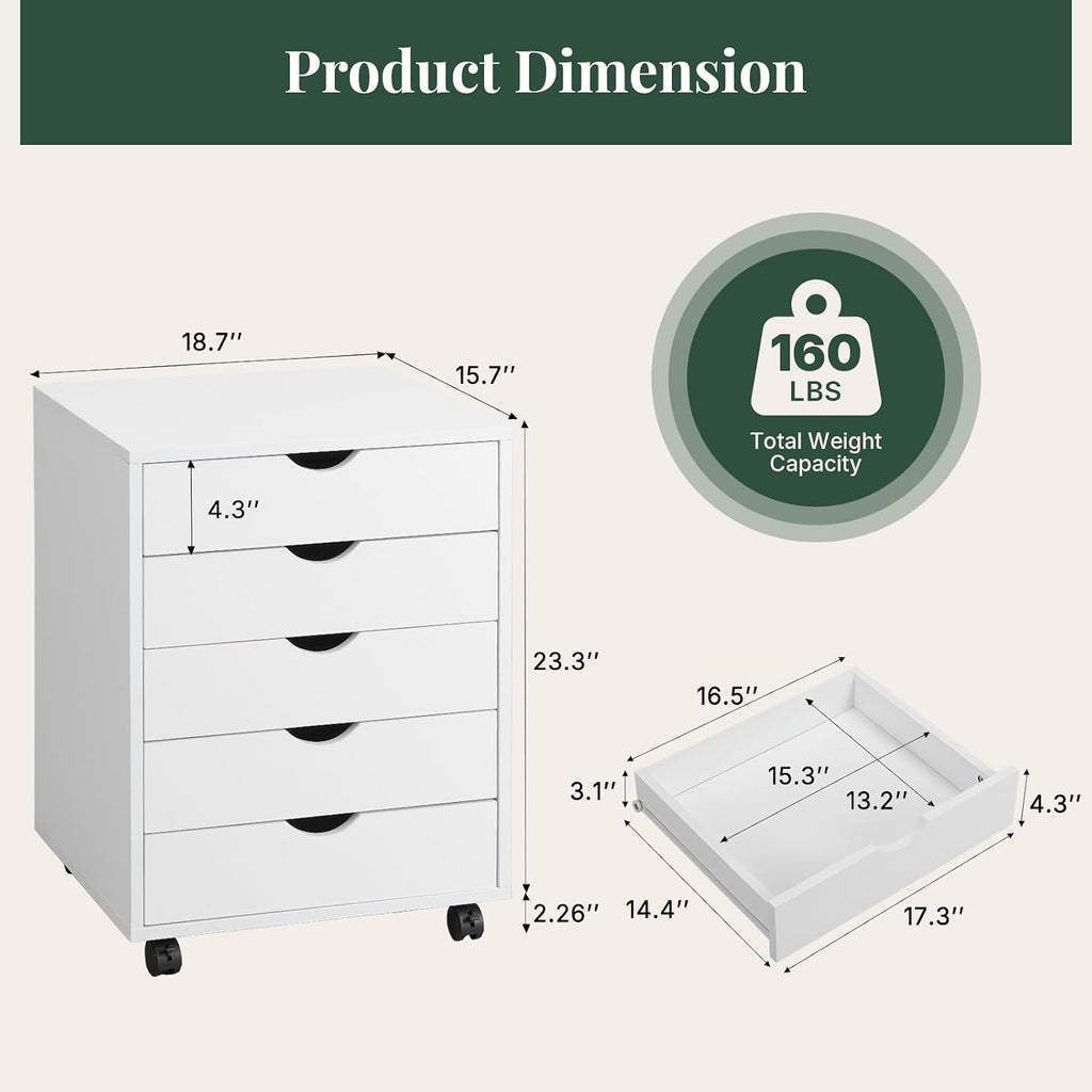 5 Drawer Mobile File Cabinet, Printer Stand with Wheels | Wood Under Desk Storage Cabinet, Rolling Printer Cart