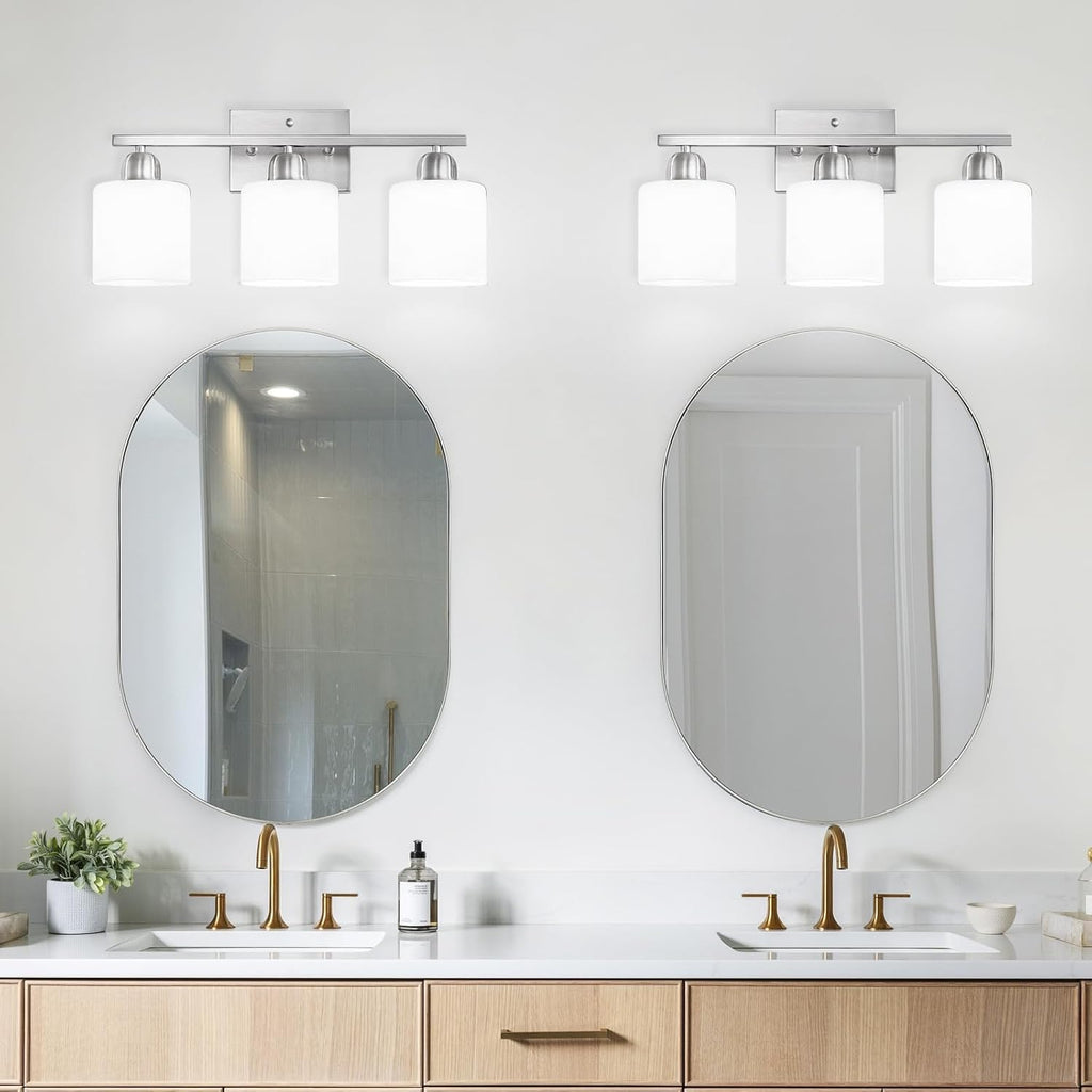 Brushed Nickel Bathroom Light Fixture, Anti-Rust Finish 3 Light Vanity Lights , Bath Lights with Milky White Frosted