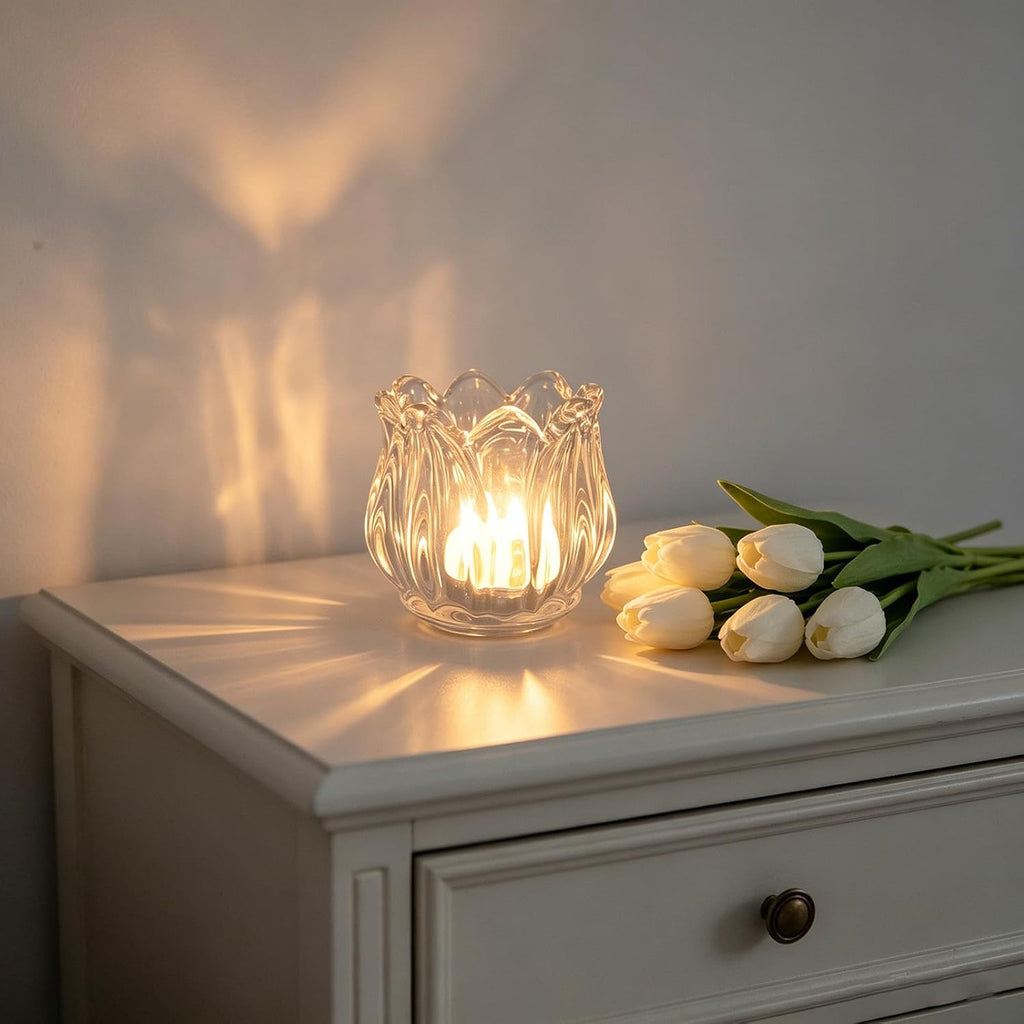 Votive Glass Tealight Candle Holders, Candles Not Included (Transparent Tulip-12 Pcs)