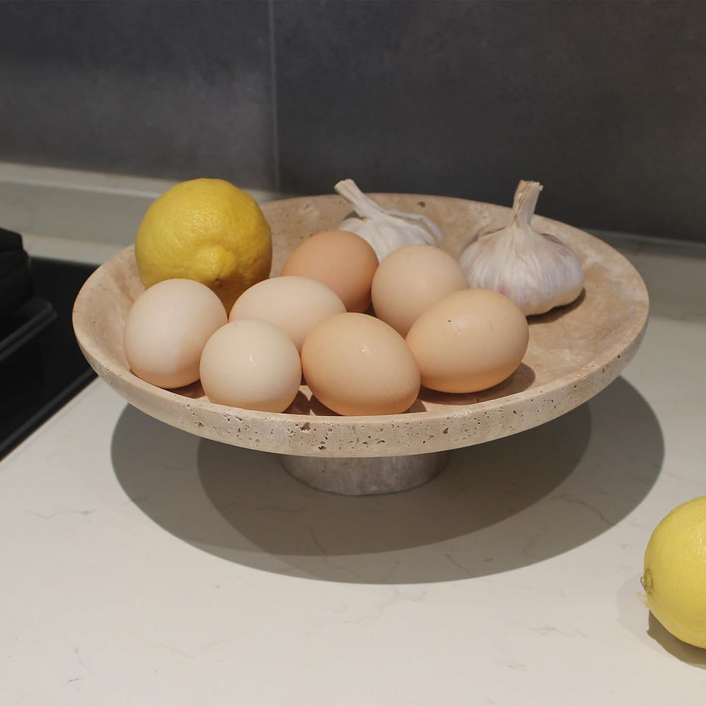 Natural Travertine Fruit Bowl Counter 10.2", Large Decorative Bowl Pedestal Decor, Fruits Holder For Dining Table