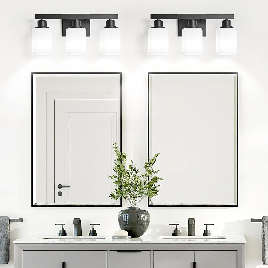 3-Light Bathroom Vanity Light,Modern Matte Black Bathroom Light Fixtures with Square Frosted Glass,Wall Sconces