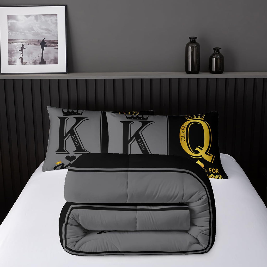 King and Queen Crown Comforter Set Black and Gray Couple Bedding Set，3Pcs Mr Mrs Comforter Set for Adults Couple Men