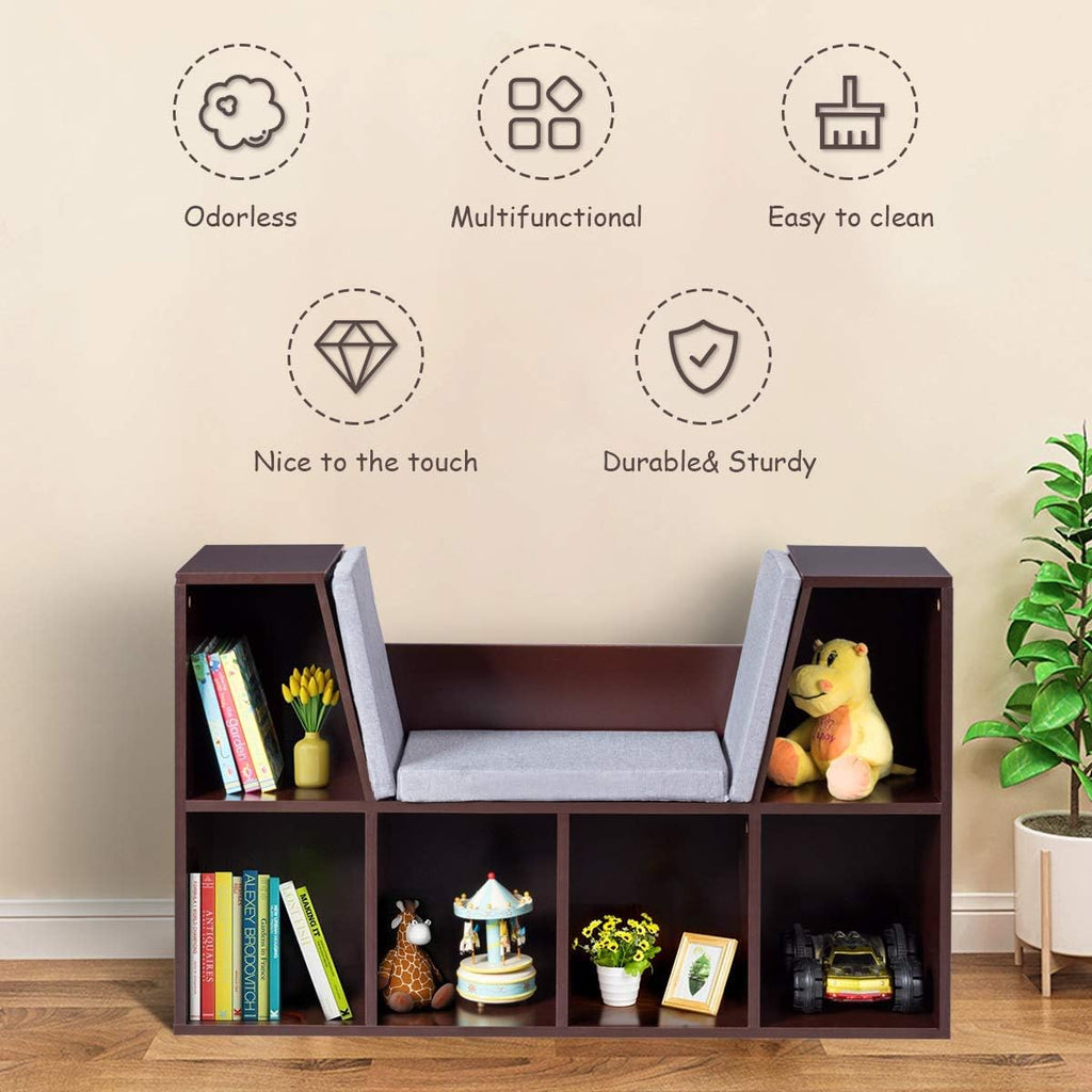 Kids Bookshelf with Reading Nook, 6 Cubby Bookcase with Soft Seat Cushion, Wooden Toy Storage Organizer with Bench