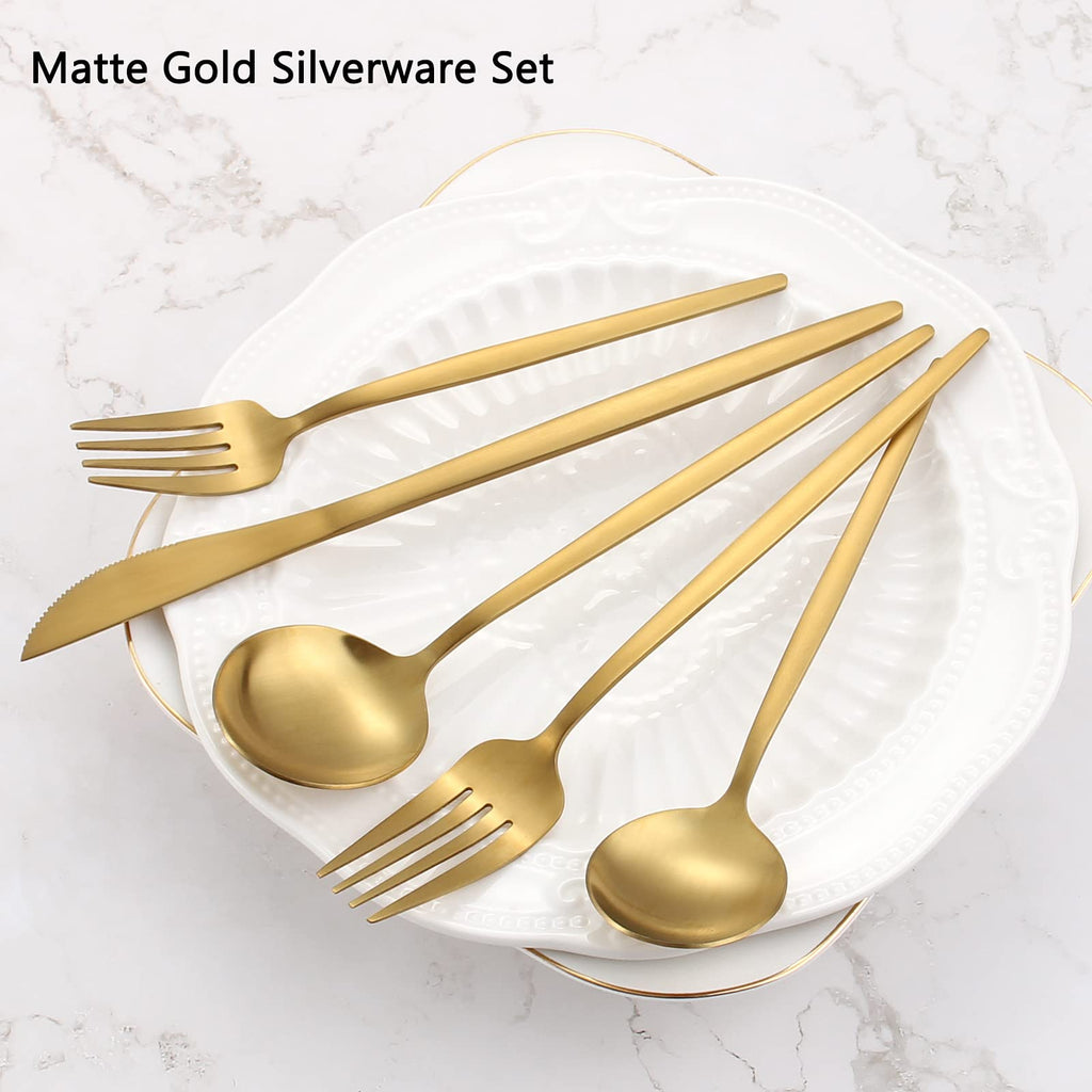 Matte Gold Silverware Set, 20-Piece Stainless Steel Flatware Set, Satin Finish tableware Cutlery Set, Service for 4