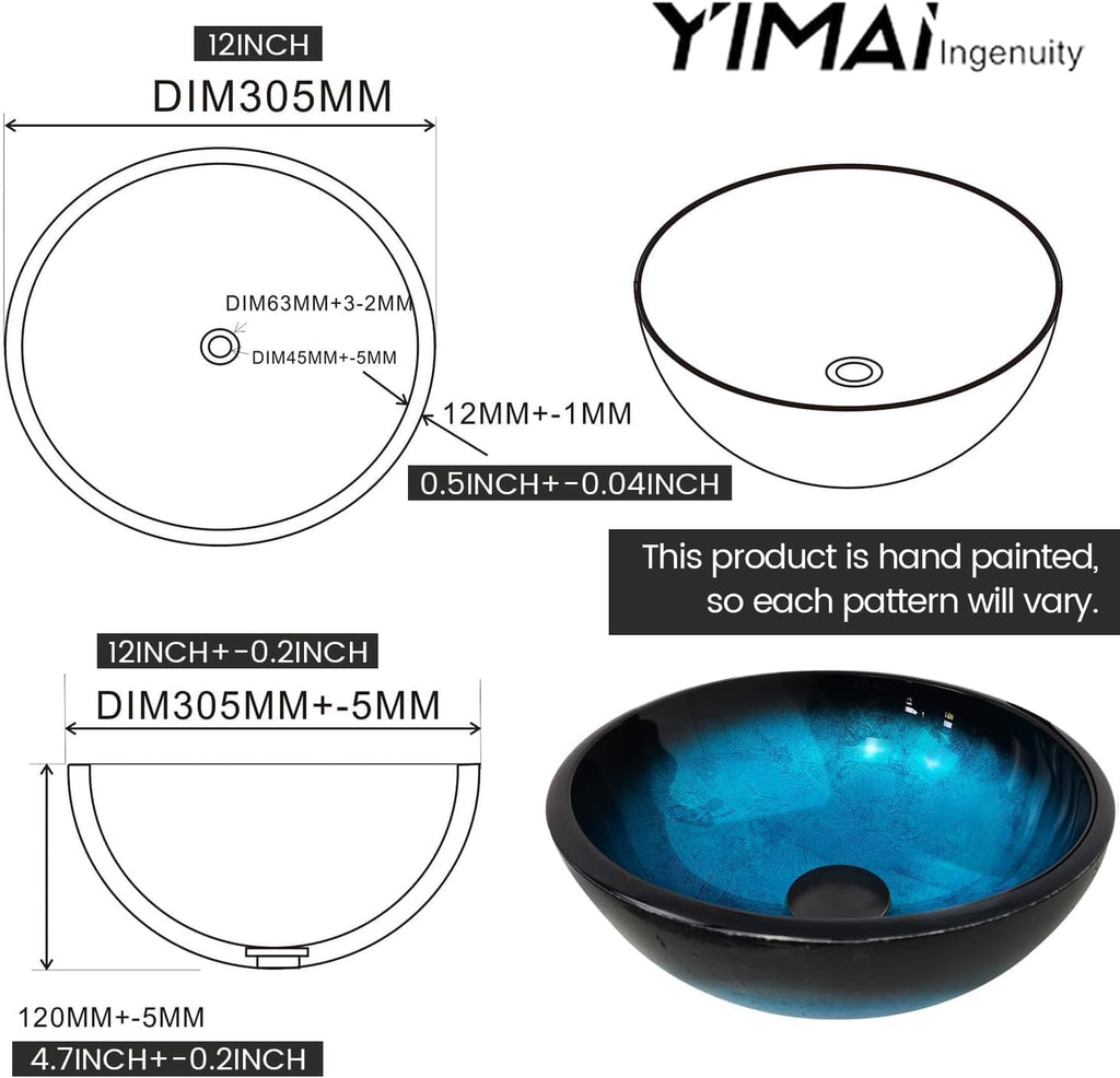 Vessel Sink 12" Bathroom Sinks Tempered Glass Blue Art Basin Round Bowl with Faucet Combo, Blue