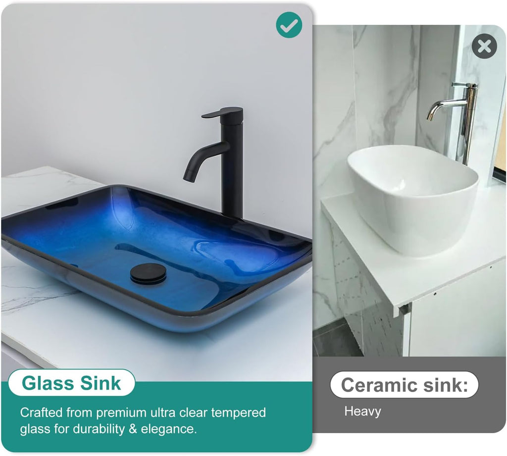 22"×14.25" Vessel Sink, Bathroom Sink Above Counter Amber Blue Gradient Tempered Glass Bowl Square Sink for Bathroom, Tempered Glass Vessel Sink with Pop-up Drain (no Faucet)