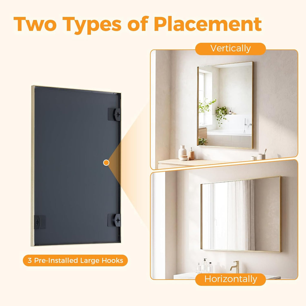 22"x30" Wall Mirror, Bathroom Mirrors for Over Sink, Gold, Tempered Glass & Anti Rust Metal Frame, Decor