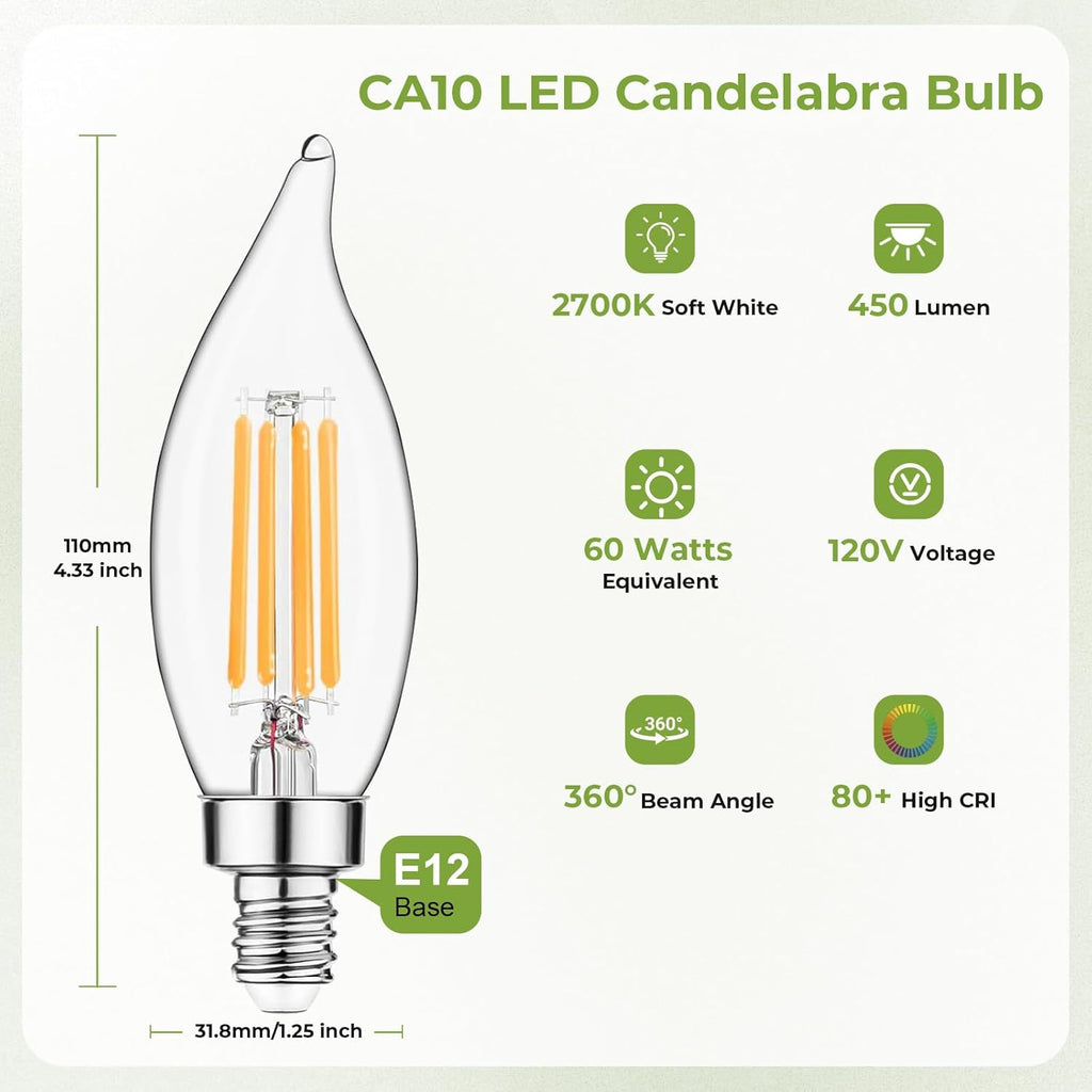 E12 LED Candelabra Bulb 60 Watt Equivalent, Dimmable Chandelier Light Bulbs 2700K Soft White, CA10 Candle Bulbs for