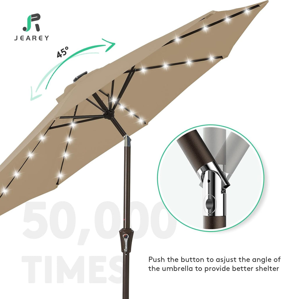 9FT Outdoor Patio Umbrella with Solar Lights, LED Lighted Pool Umbrella with Tilt and Crank - Beige