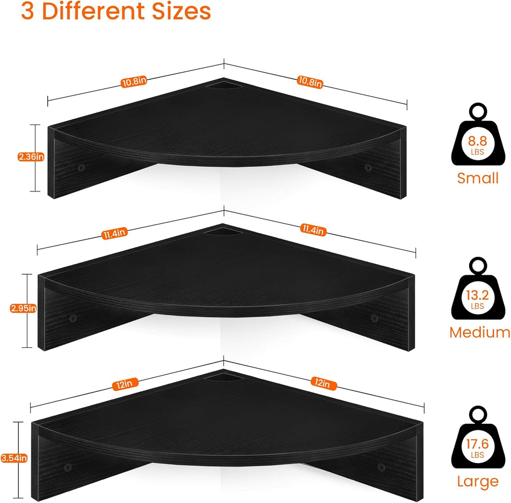 Corner Floating Shelves, Set of 3 Corner Shelves Wall Mounted with Cable Hole, 3 Tier Wooden Hanging Corner Storage