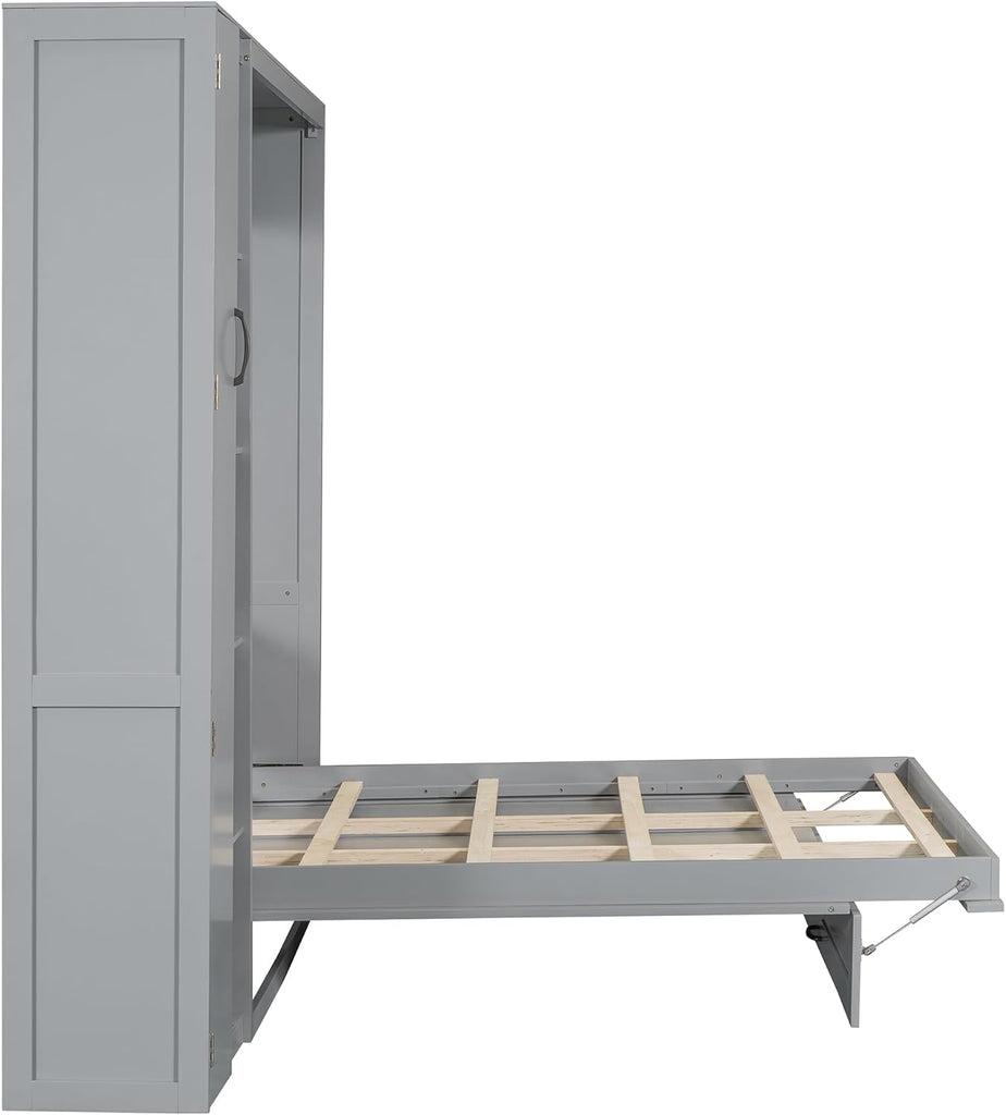 Full Murphy Bed Wall Bed with Shelves, Drawers and LED Lights,Gray