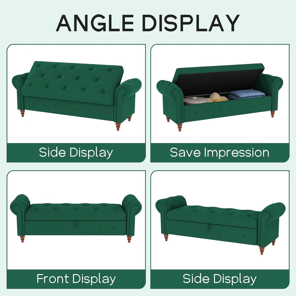 63'' Storage Ottoman Bench Tufted Entryway Bench Dark Green Velvet | Button Tufted End of Bed, Rolled Armed Ottoman