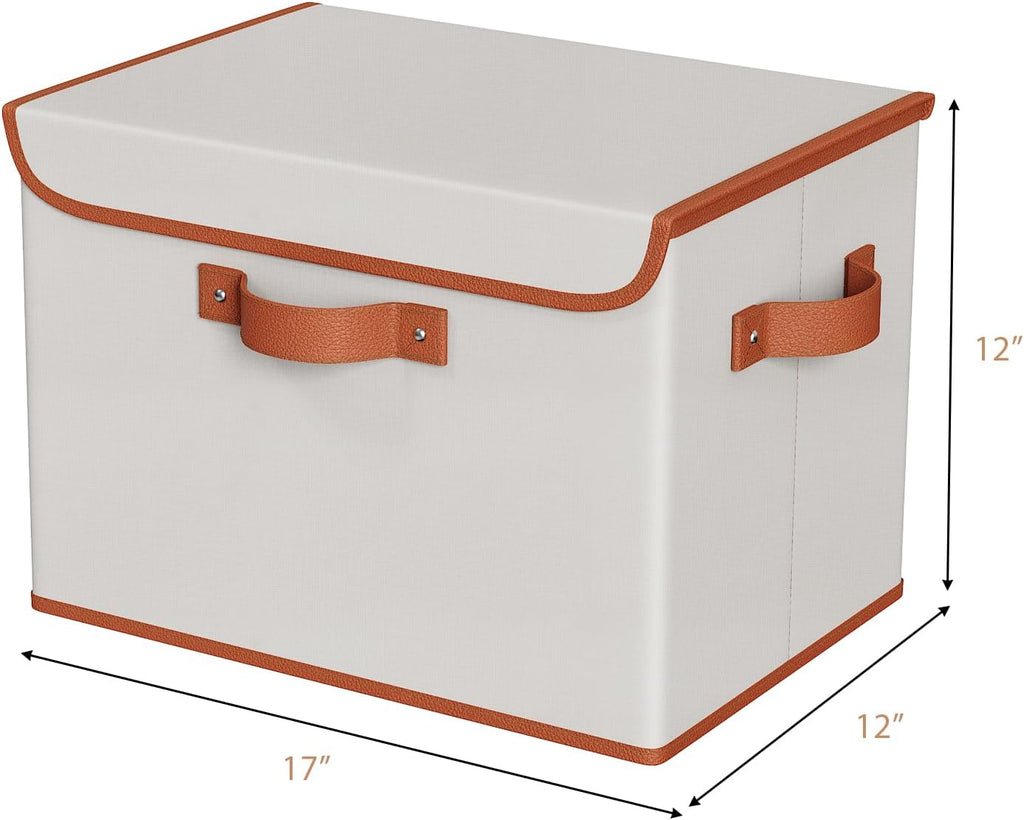 Fabric Storage Bins with Lid, Stackable Storage Box, Beige, 3 PCS | Heavy Duty, Large Capacity, Leather Handle