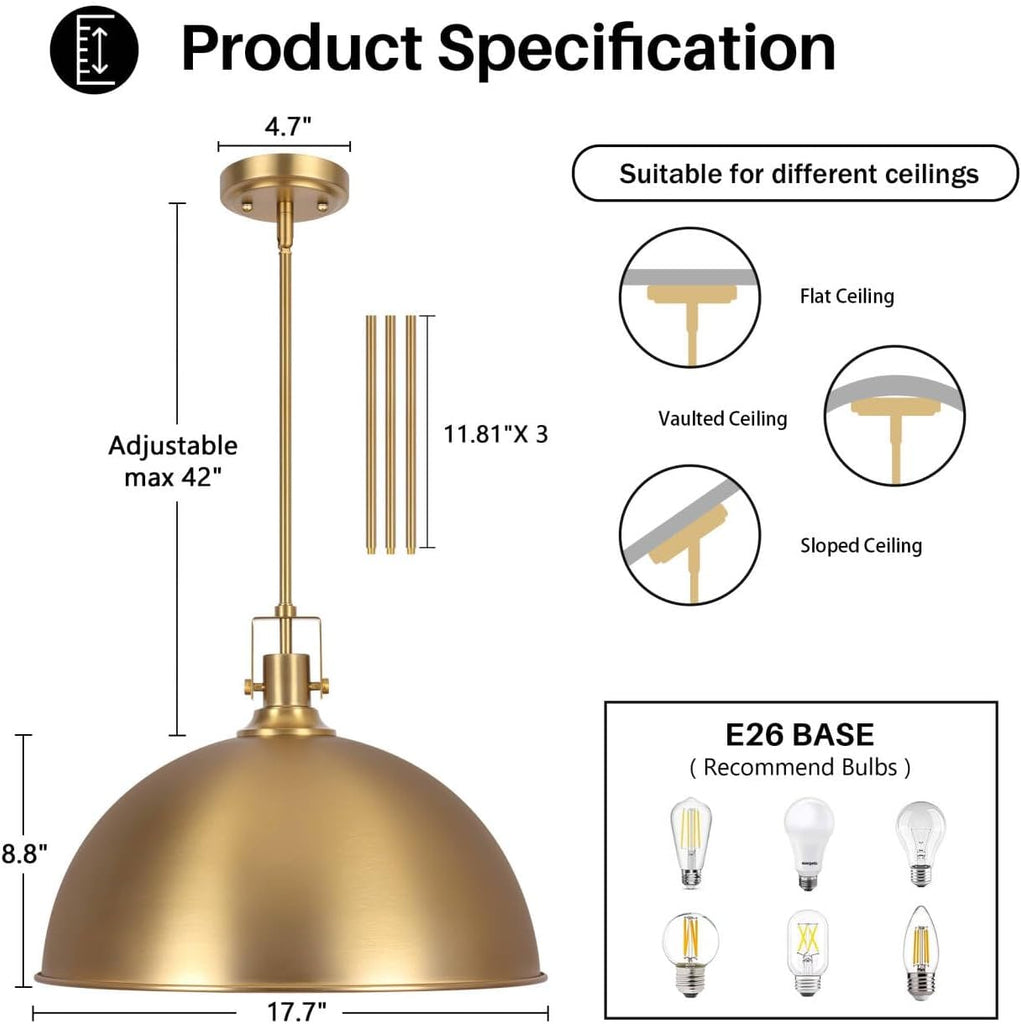 18 Inch Brushed Gold Large Pendant Light Kitchen Island, Farmhouse Modern Dome Pendant Light Fixtures Ceiling Hanging
