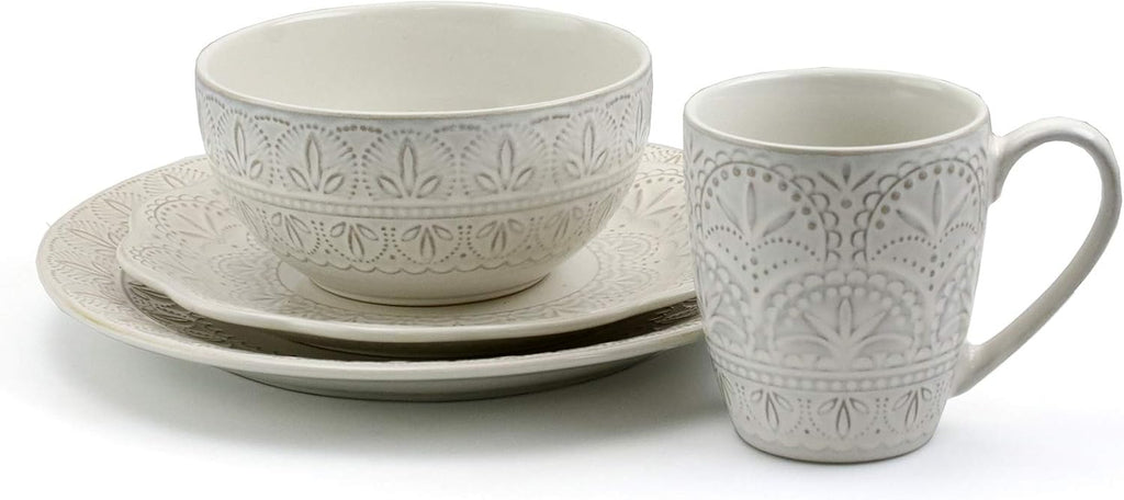 White Lace 16 Piece Round Scallop Stoneware Dinnerware Set in White