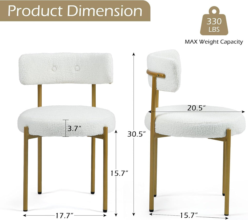 White Boucle Dining Chairs Set of 4, Modern Kitchen Chairs with Gold Metal Legs and Curved Backrest, Round Dining