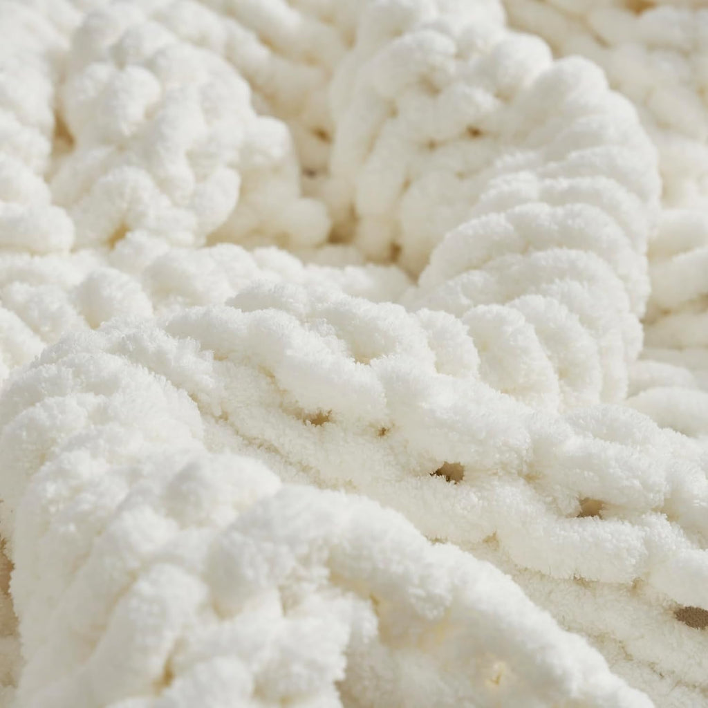 Chunky Knit Throw Blanket, Soft Chenille Handmade Crochet Throw Rope Knit Blanket, 40"x50", Ivory