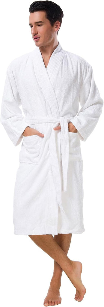 Men's Terry Cotton Robe, Absorbent Kimono Towel Bathrobe for Spa and Hotel, Soft Shower Calf Length Cloth with Pockets